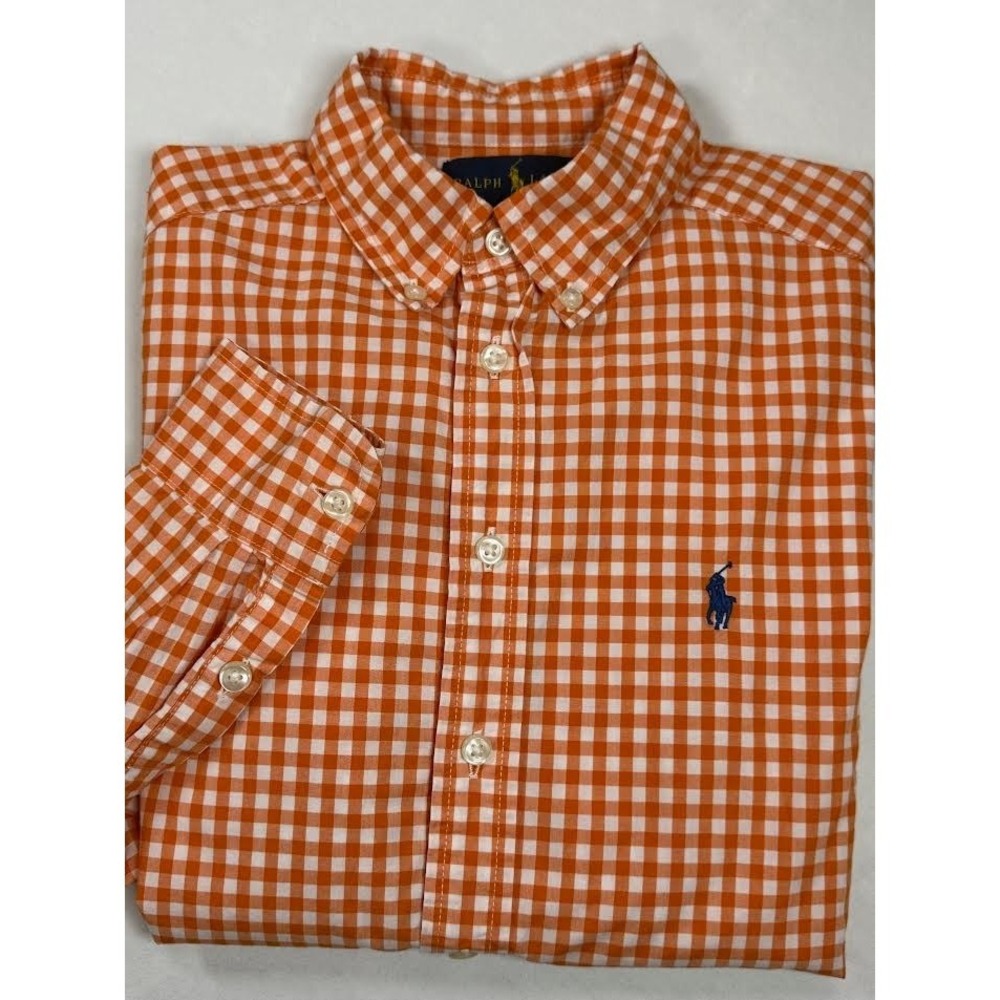 Ralph Lauren Button Up Shirt Boys Size Medium 10/12 Orange Check Long Sleeve